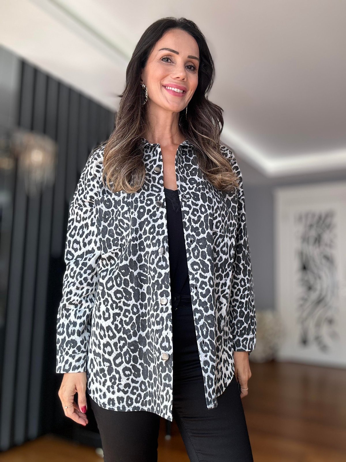 Gri Leopar Gabardin Gömlek