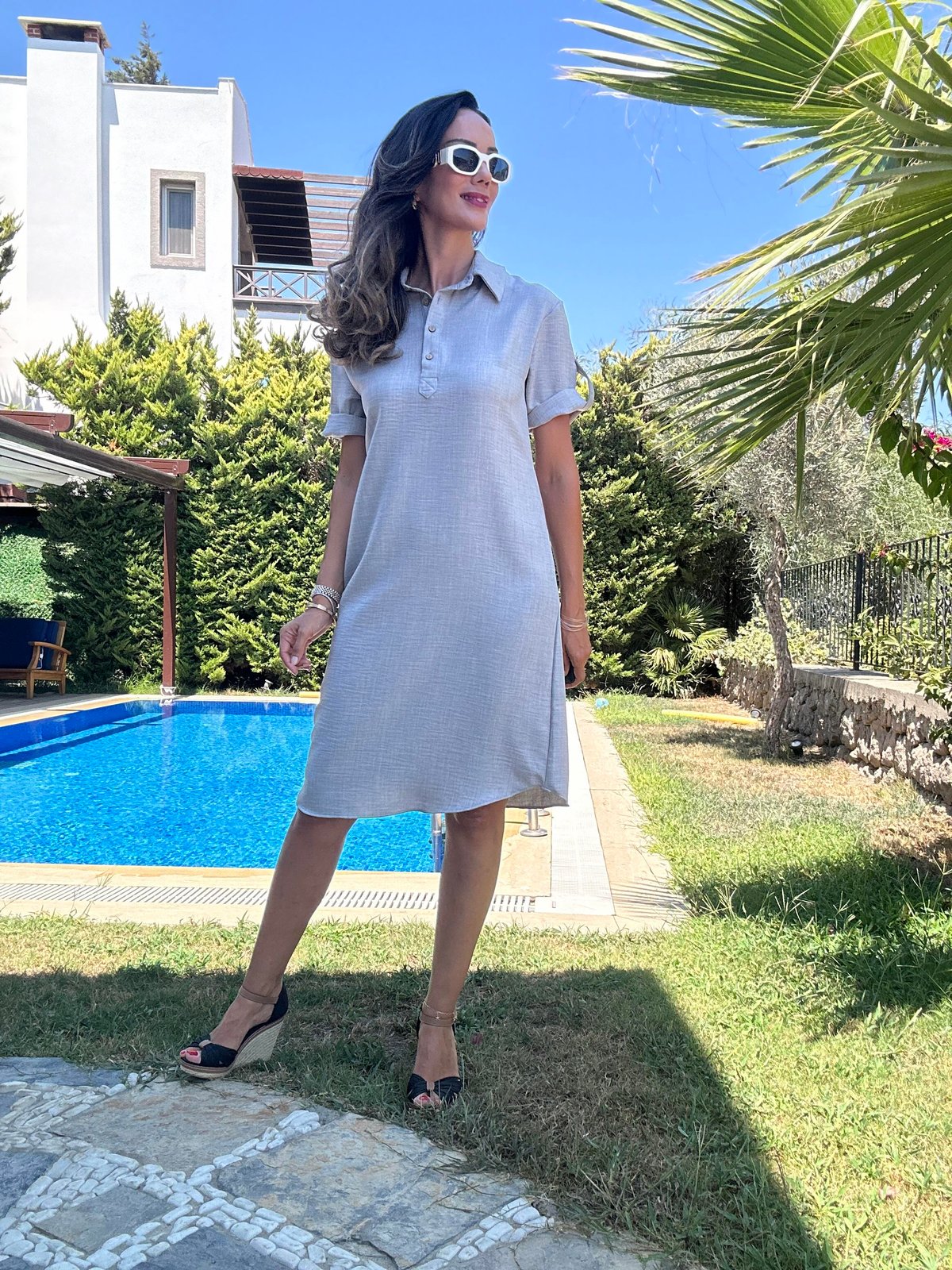 Gri Polo Yaka Midi Elbise