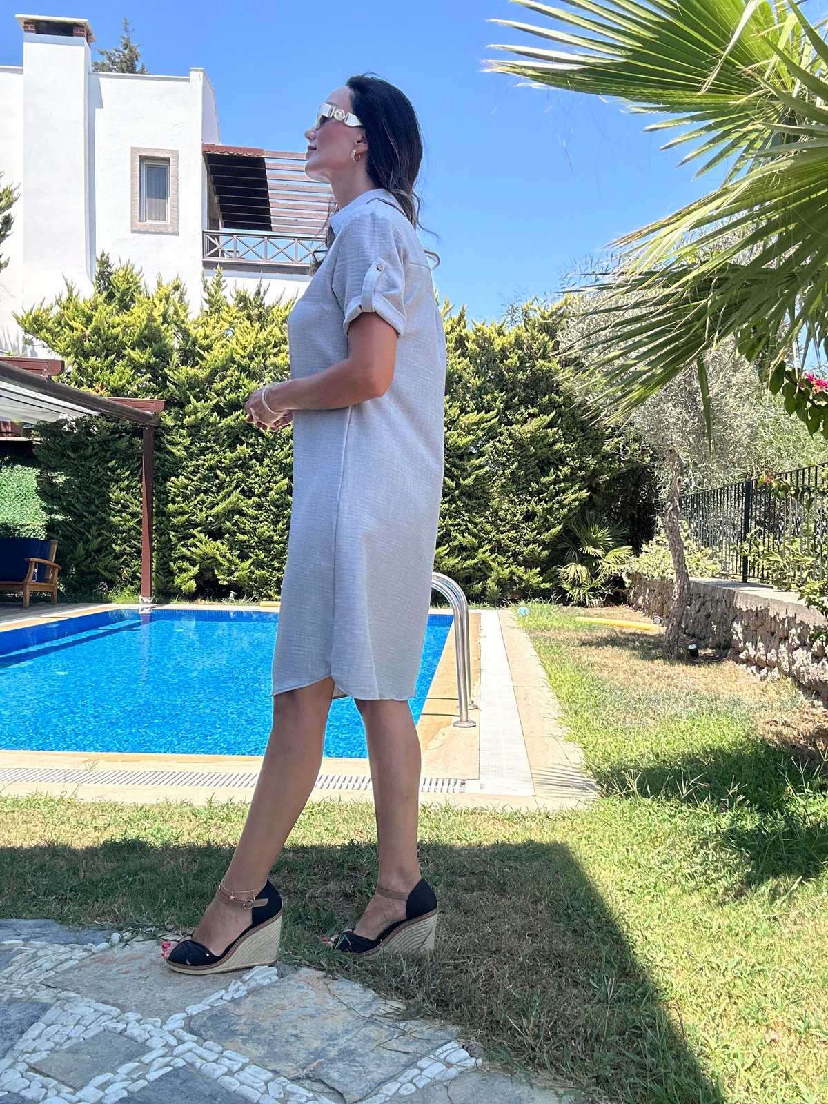 Gri Polo Yaka Midi Elbise
