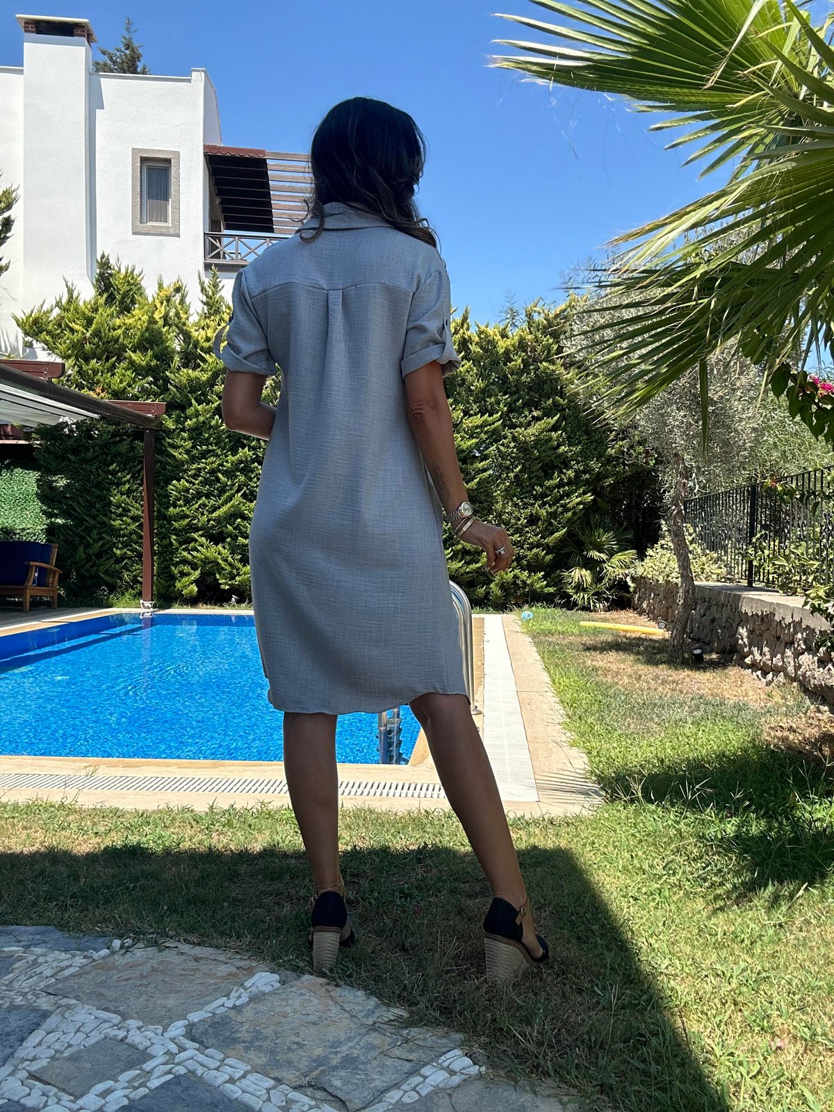 Gri Polo Yaka Midi Elbise