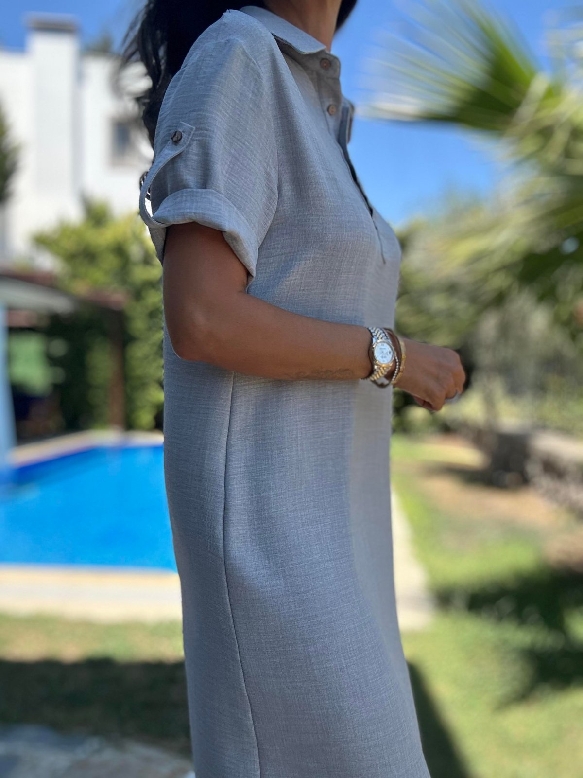 Gri Polo Yaka Midi Elbise