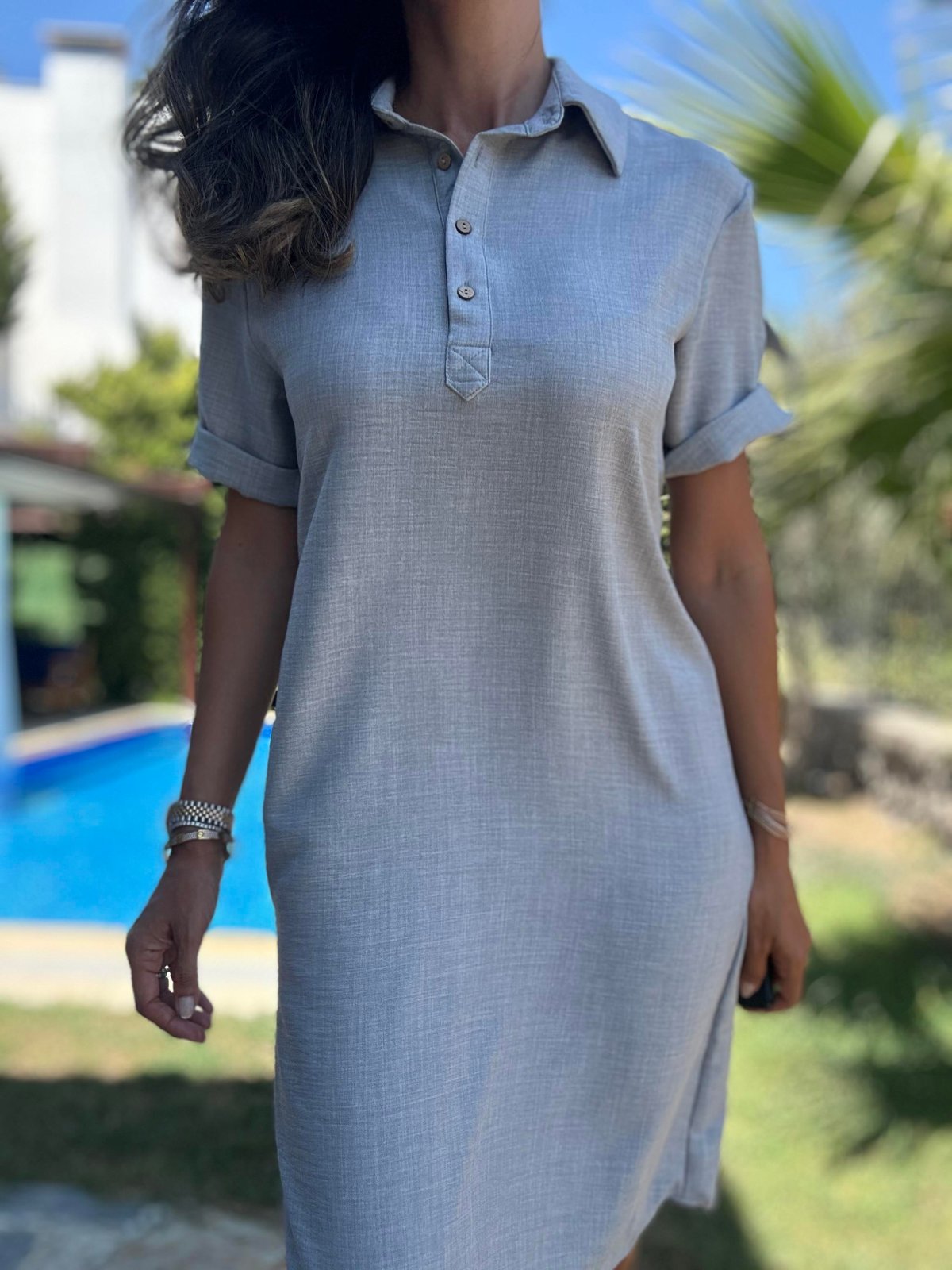 Gri Polo Yaka Midi Elbise