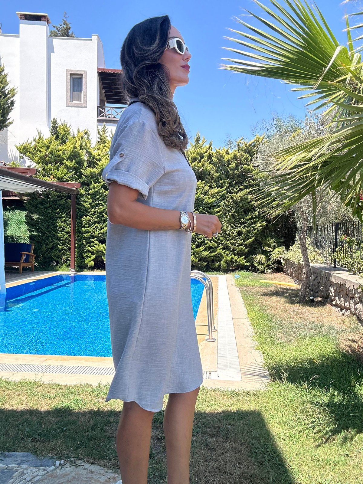 Gri Polo Yaka Midi Elbise