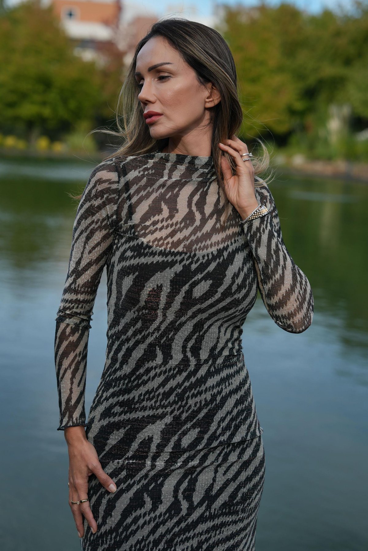 Kahverengi Gold Işıltılı Zebra Tül Elbise