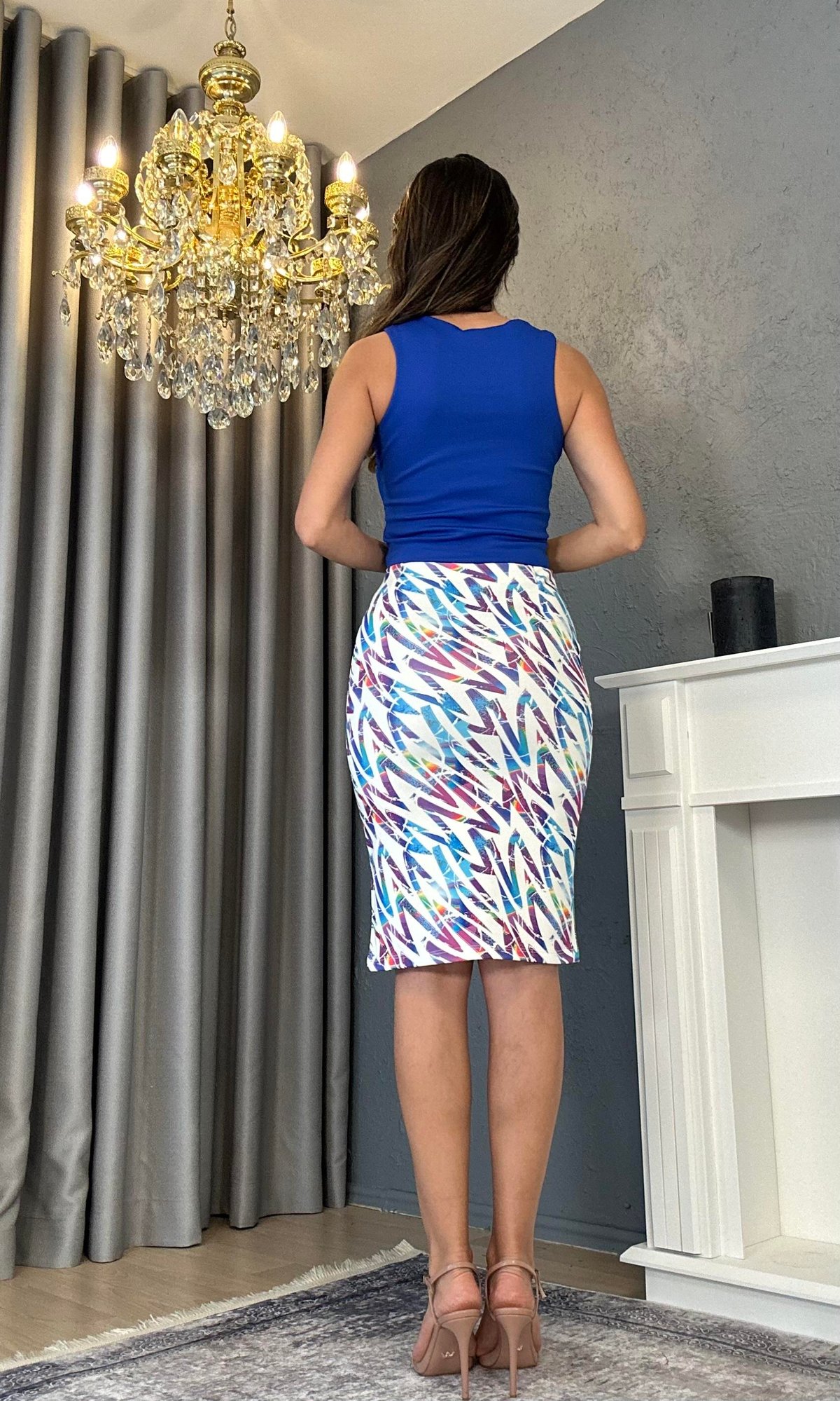 Saks Mavisi Crop Renkli Kalem Etek Takım