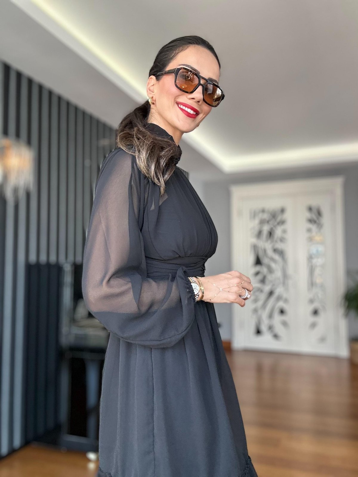 Siyah Şifon Mini Elbise