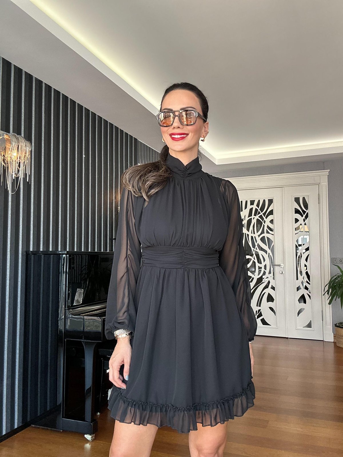 Siyah Şifon Mini Elbise