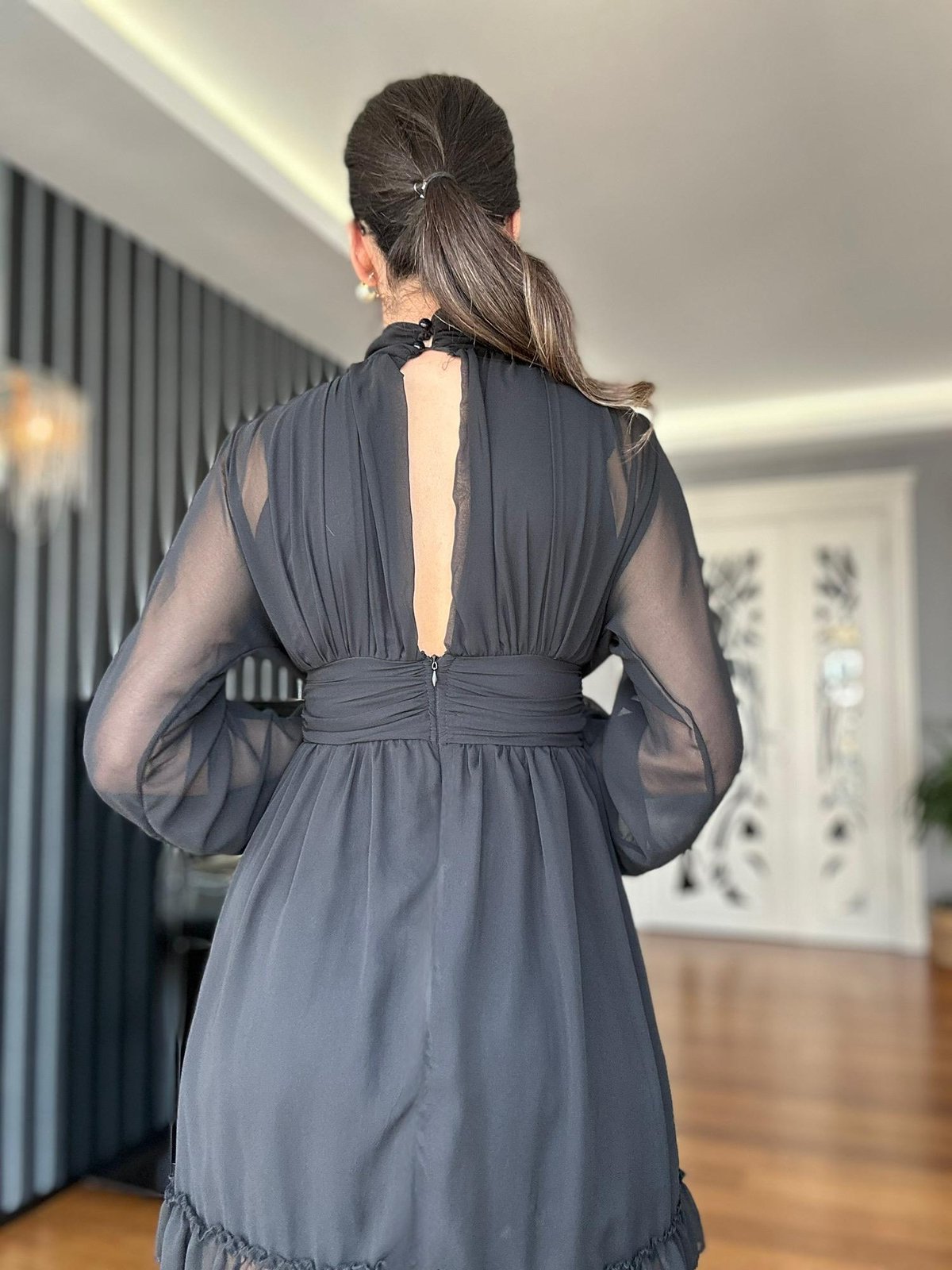 Siyah Şifon Mini Elbise