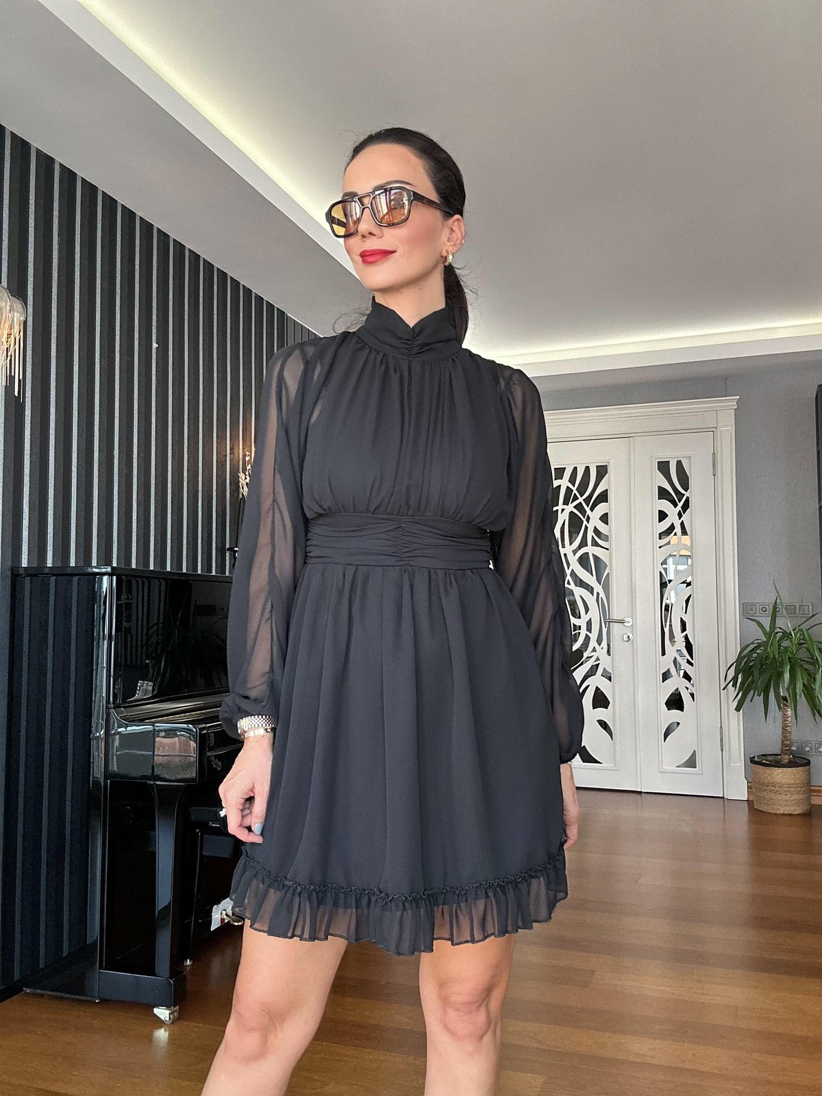 Siyah Şifon Mini Elbise