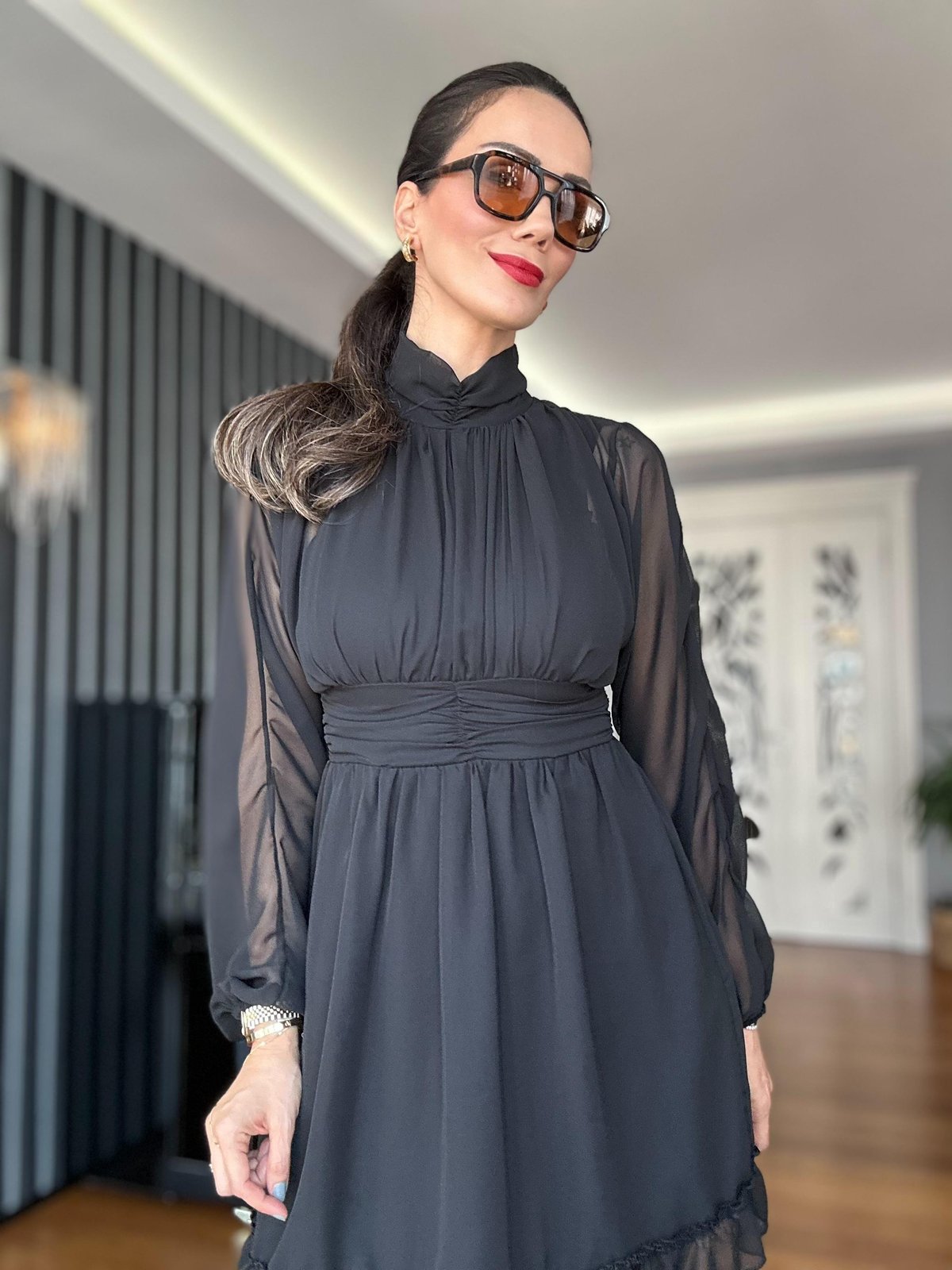 Siyah Şifon Mini Elbise