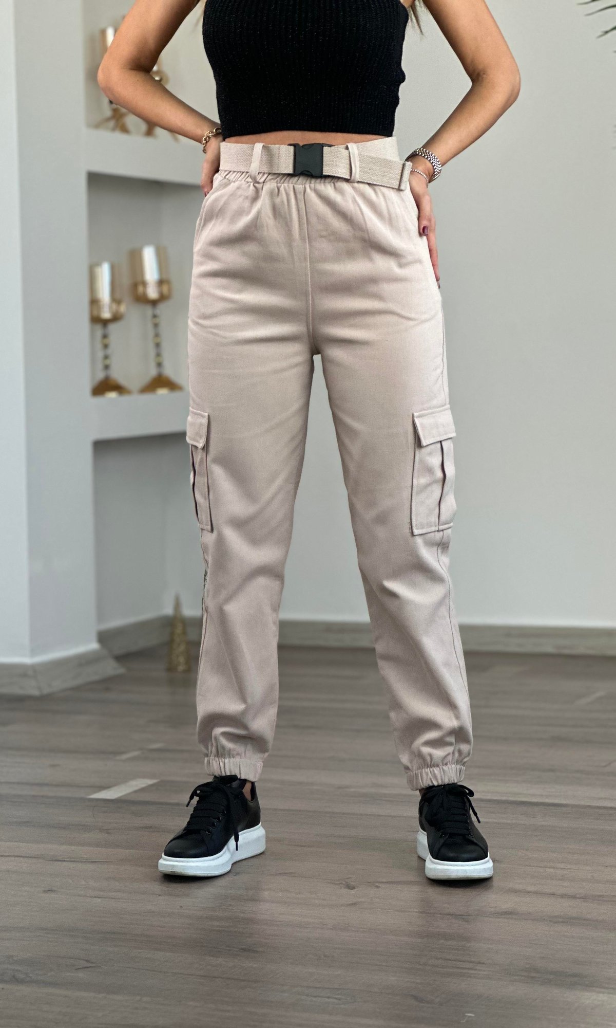 Taş Beli Lastikli Kemerli Gabardin Kargo Pantolon