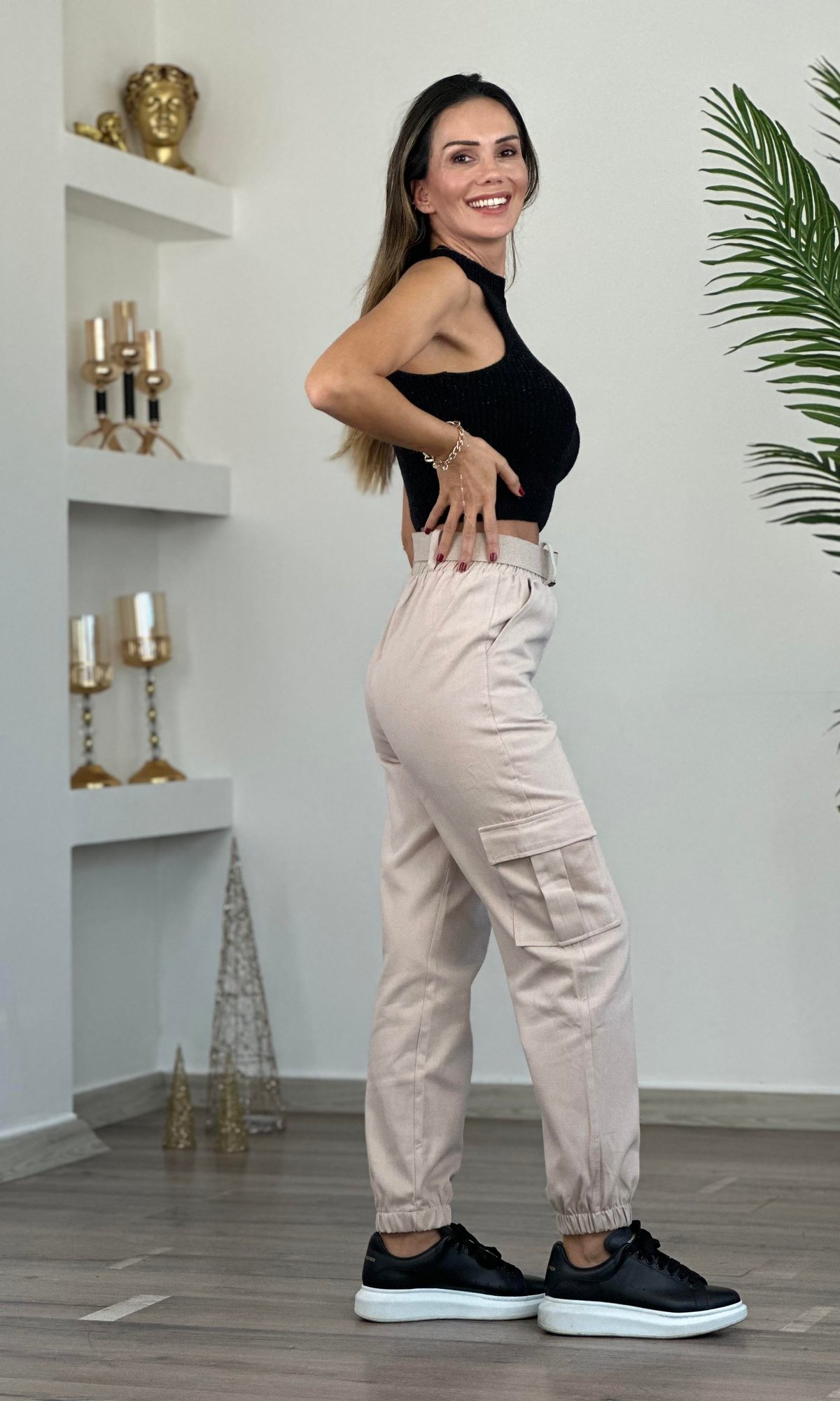 Taş Beli Lastikli Kemerli Gabardin Kargo Pantolon