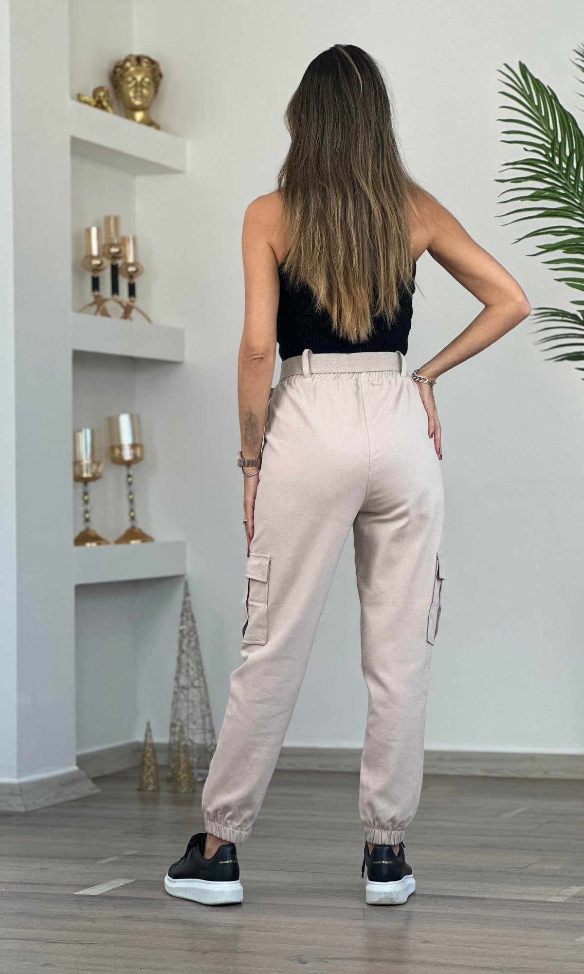 Taş Beli Lastikli Kemerli Gabardin Kargo Pantolon