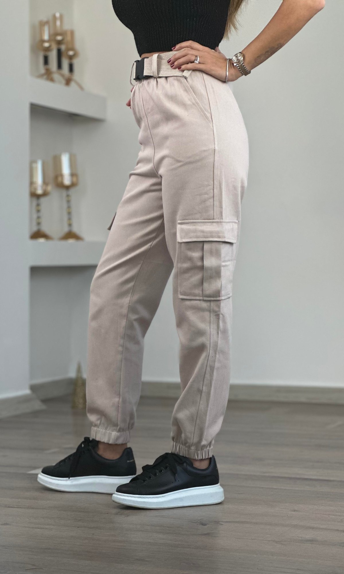 Taş Beli Lastikli Kemerli Gabardin Kargo Pantolon