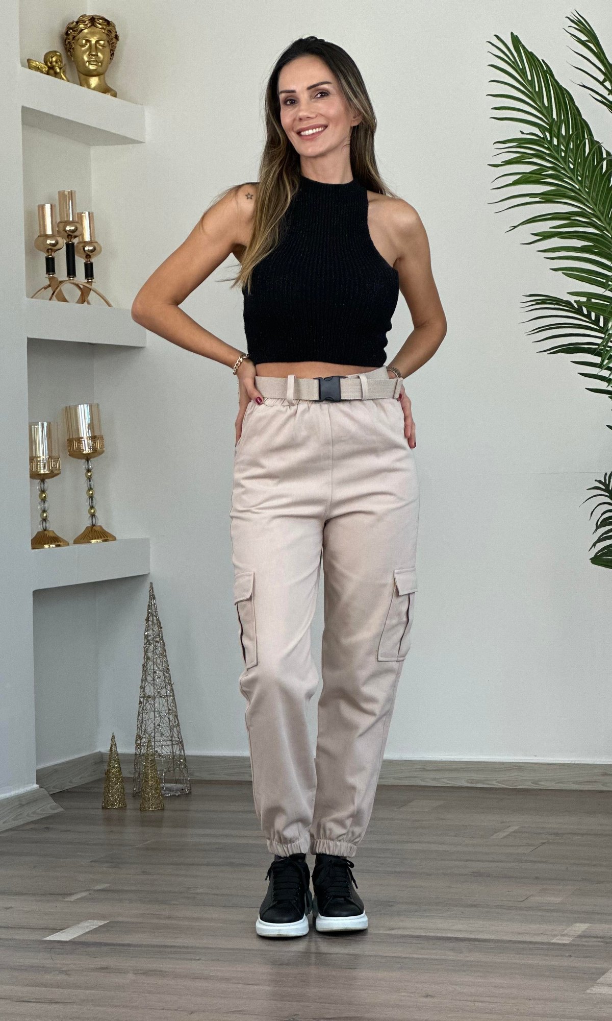 Taş Beli Lastikli Kemerli Gabardin Kargo Pantolon
