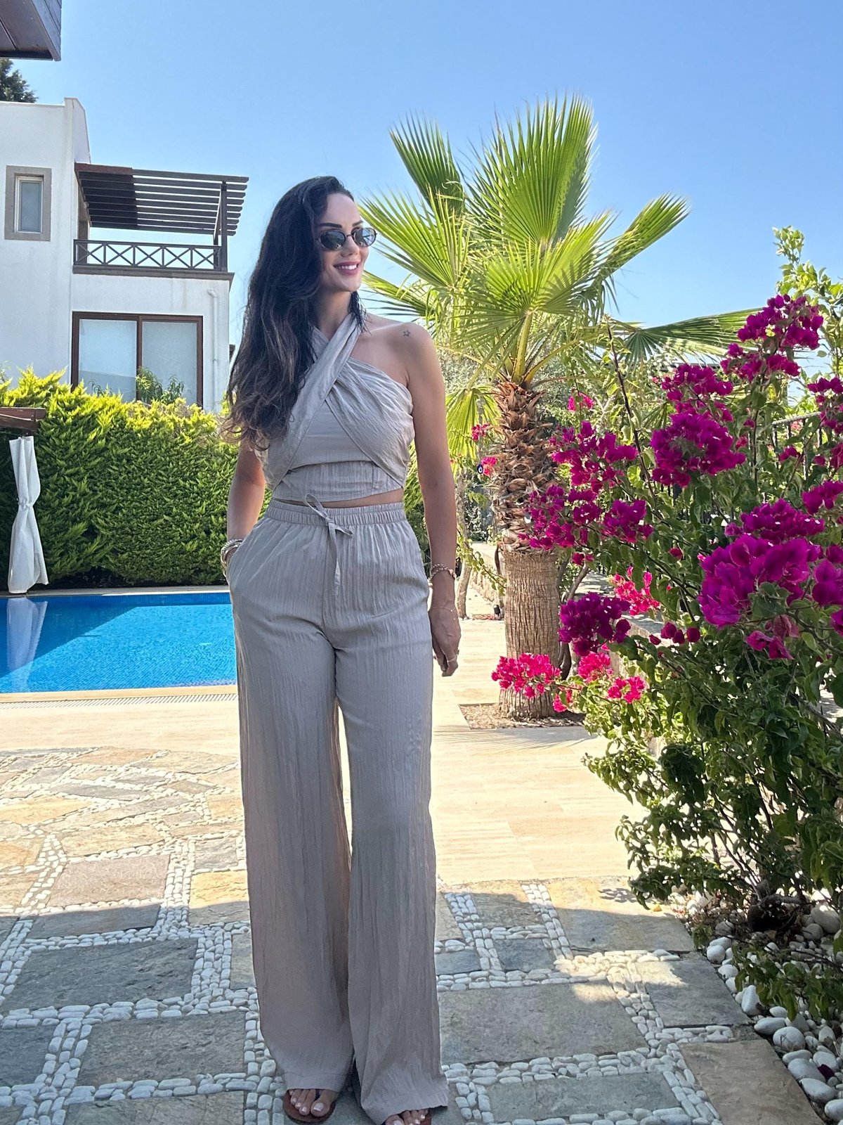 Taş Rengi Bağlama Detaylı Bluz Pantolon Takım