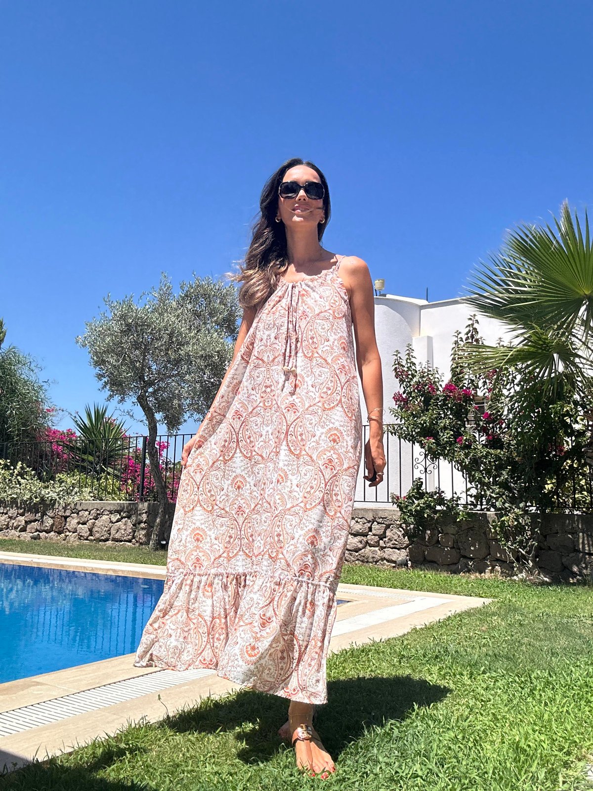Orange Shawl Pattern Long Pocket Dress
