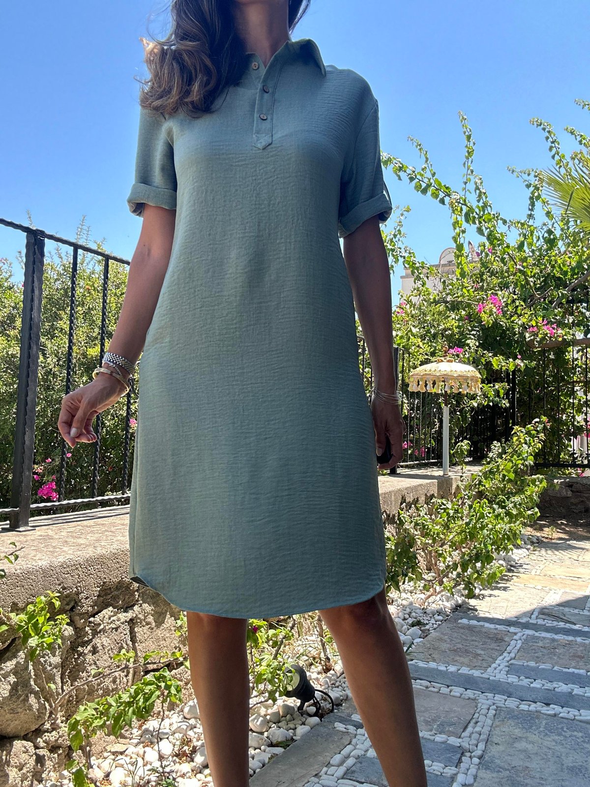 Yeşil Polo Yaka Midi Elbise