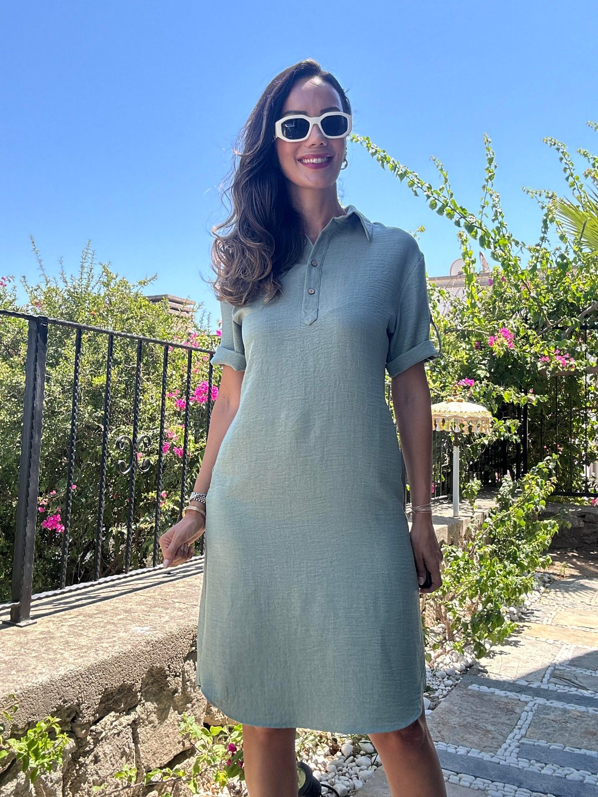 Yeşil Polo Yaka Midi Elbise