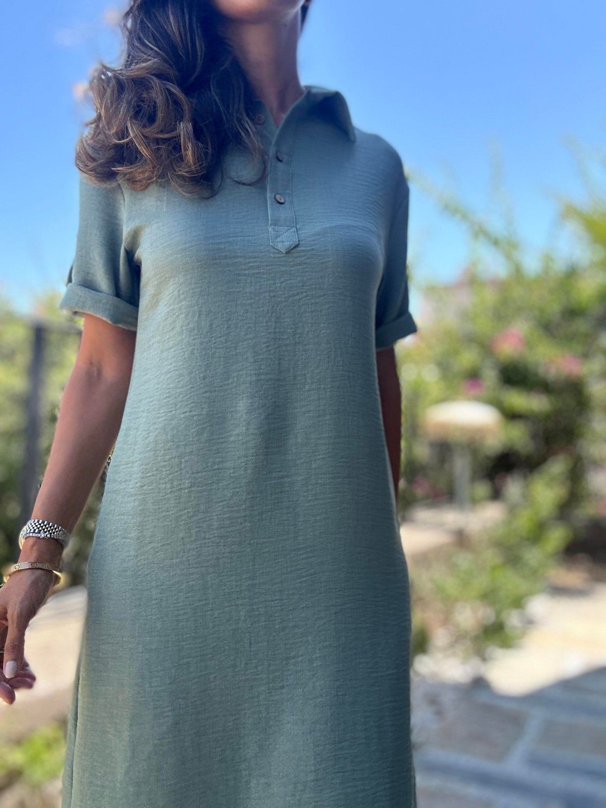 Yeşil Polo Yaka Midi Elbise