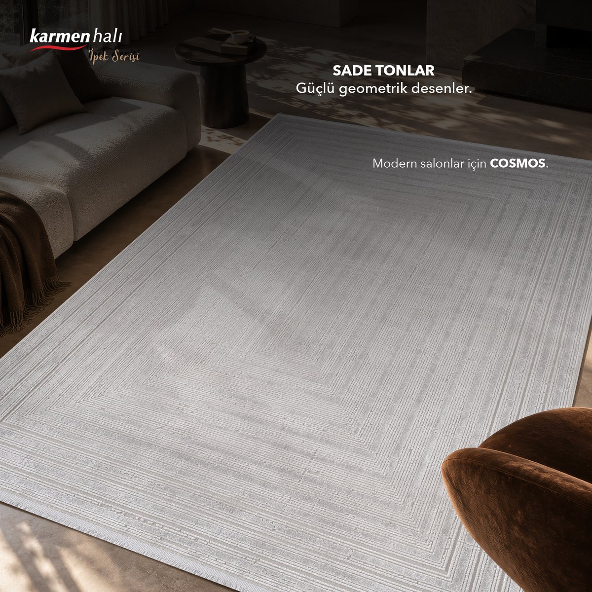 Az eşyalı modern bir salonda iç içe çerçeve desenli açık gri Cosmos CS005G viskon halı