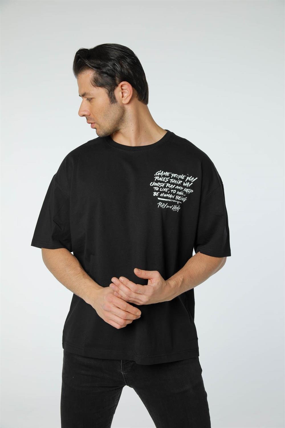 Baskılı Oversize Bisiklet Yaka T-Shirt
