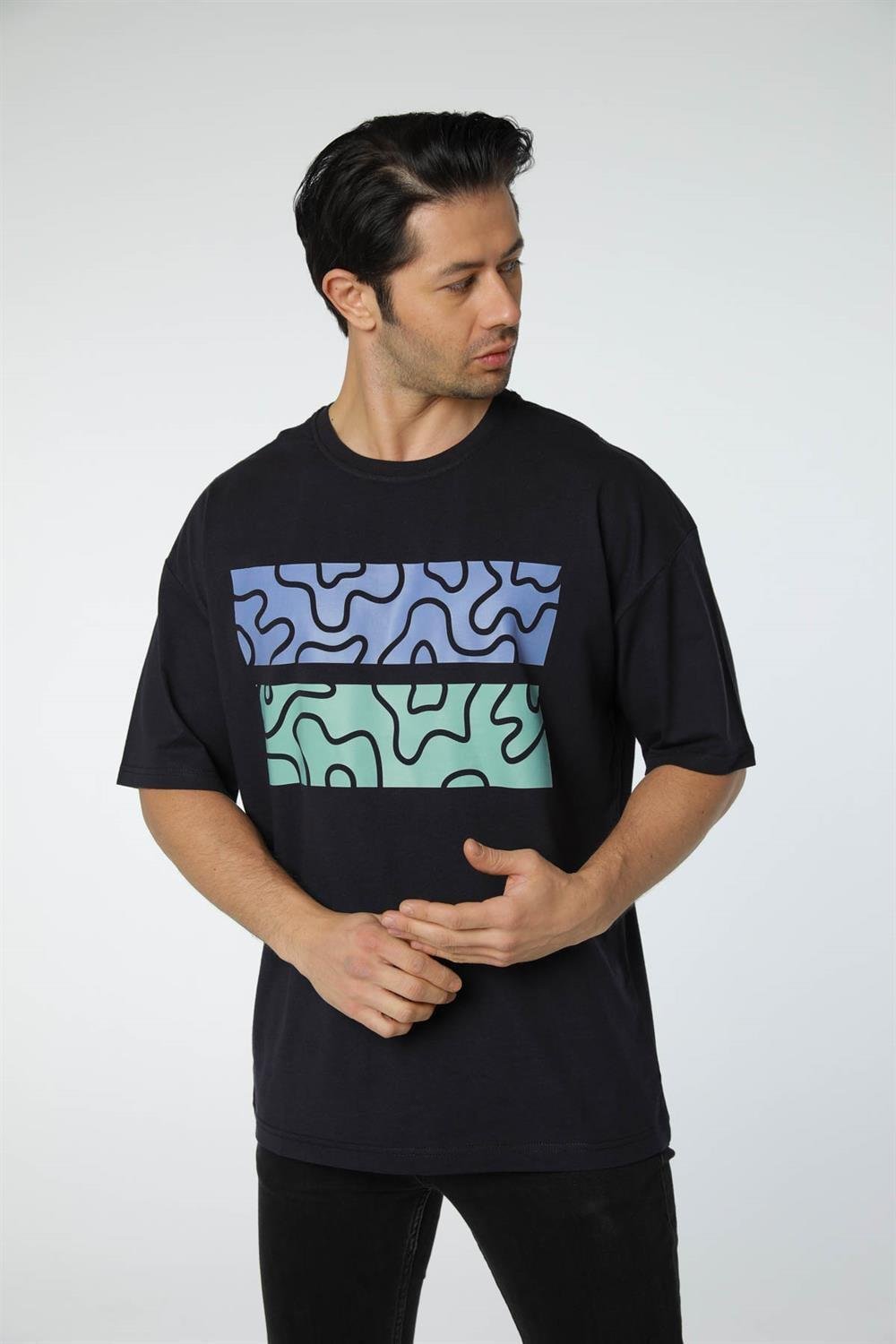 Baskılı Oversize Bisiklet Yaka T-Shirt