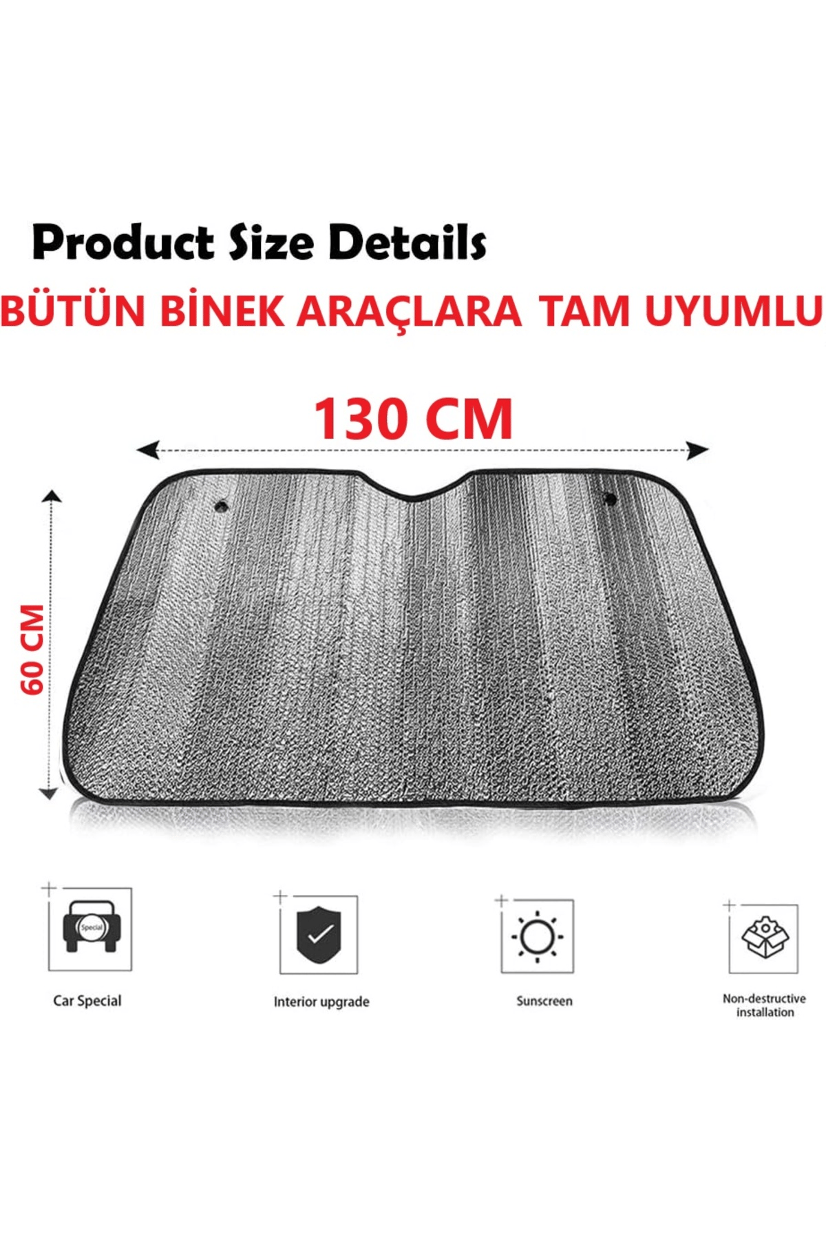 Araba Ön Cam Güneşliği Balonlu Metalize Parlak Alüminyum Katlanabilir Oto Güneşlik (130X60CM)