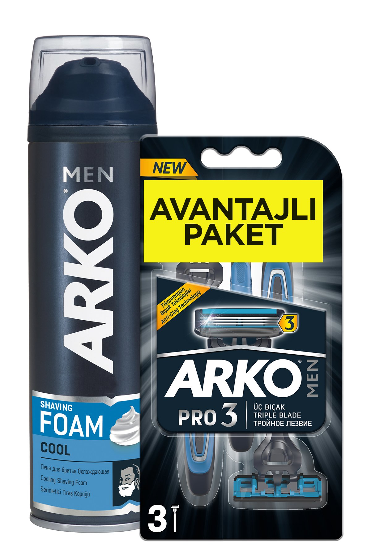 Arko Men T3 Pro 3 Bıçaklı Tıraş Bıçağı 3'lü & Cool Tıraş Köpüğü 200 ml Avantaj Paketi