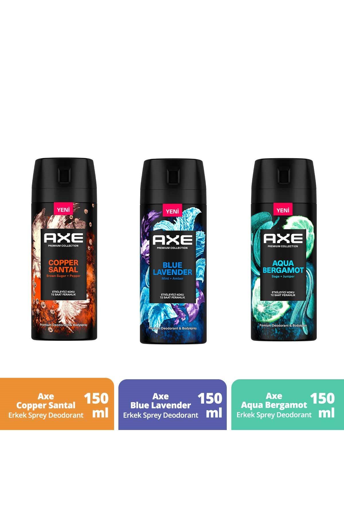 Axe Premium Collection Erkek Sprey Deodorant Seti: Copper Santal 150 ml + Blue Lavender 150 ml + Aqua Bergomat 150 ml