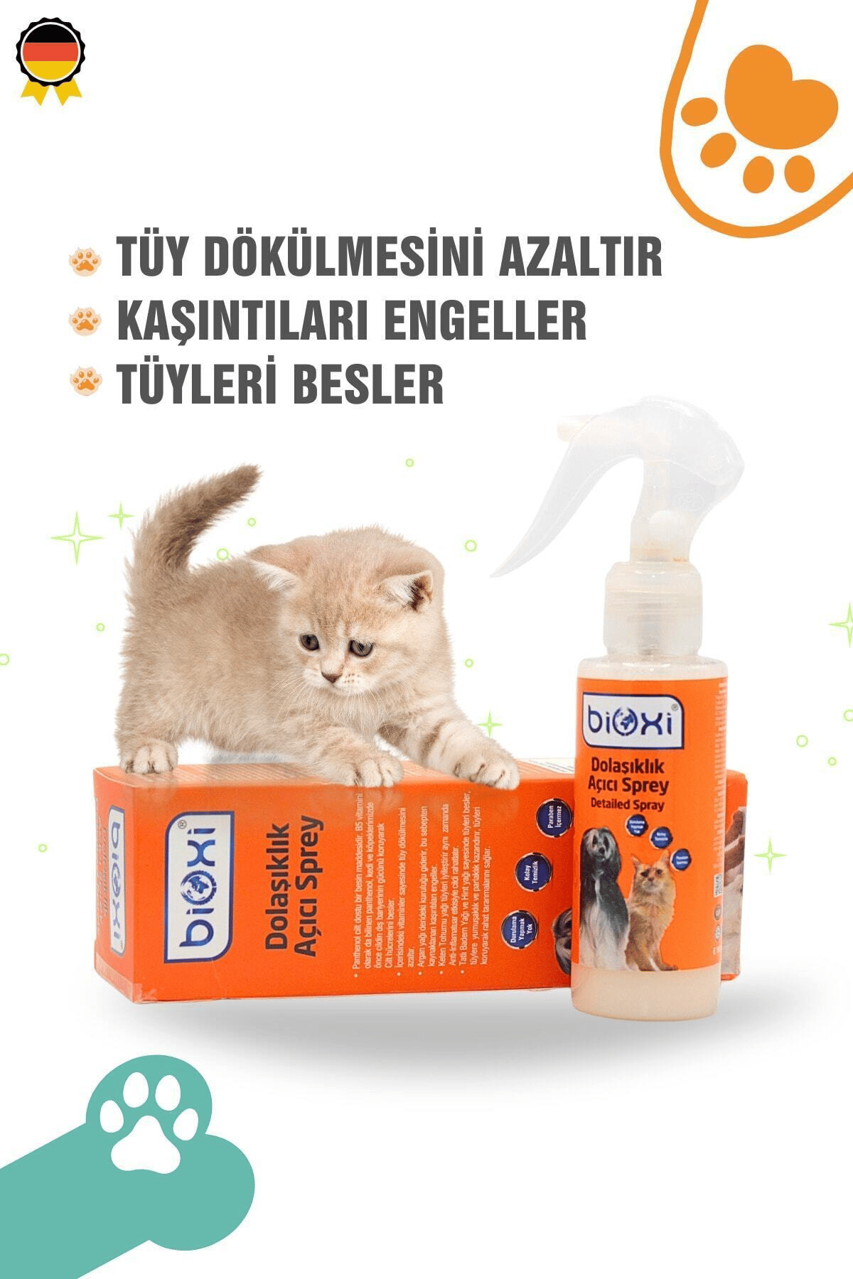 Bioxi Dolaşıklık, Önleyici, Kedi Kıtık Açıcı, Kolay Tarama, Kedi, Köpek Tüy Bakım Spreyi 100ml