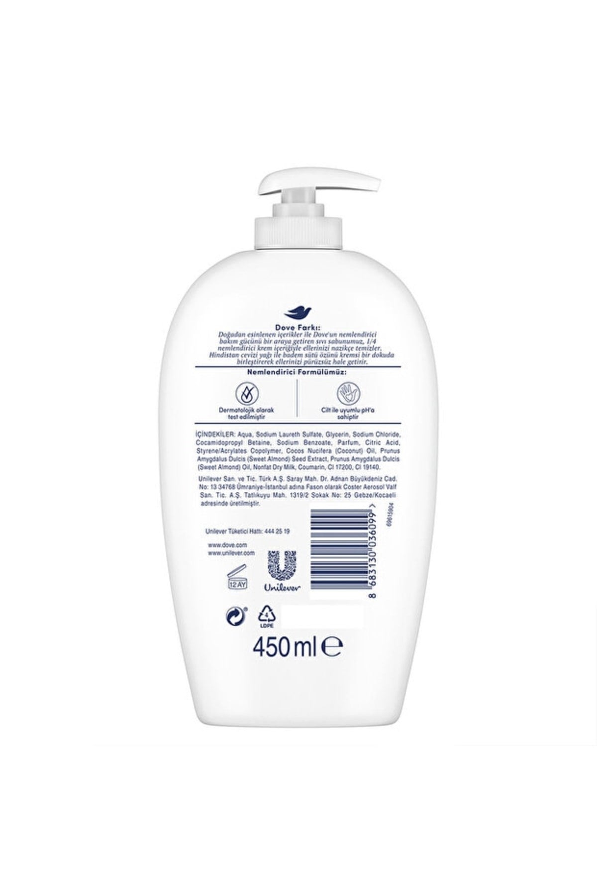 Dove Nemlendirici Sıvı Sabun Hindistan Cevizi Yağı ve Badem Sütü Özü 450 ml x3