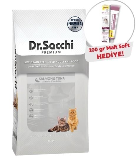 Dr.Sacchi Premium Düşük Tahıllı Kısır Kedi Maması 10Kg+ Gimcat Malt Soft 100 Gr Hediyeli