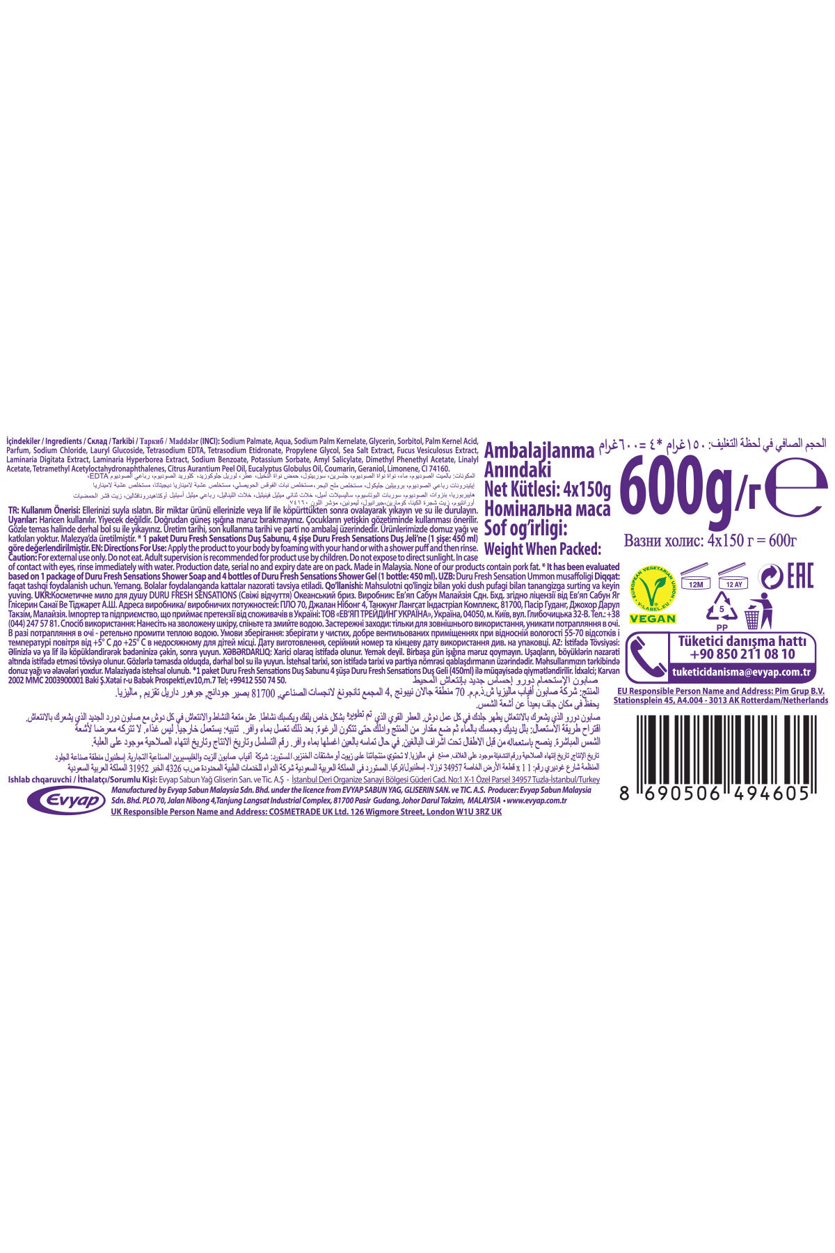 Duru Fresh Sensations Okyanus Tazeliği  Duş Sabunu 600g x 4Adet
