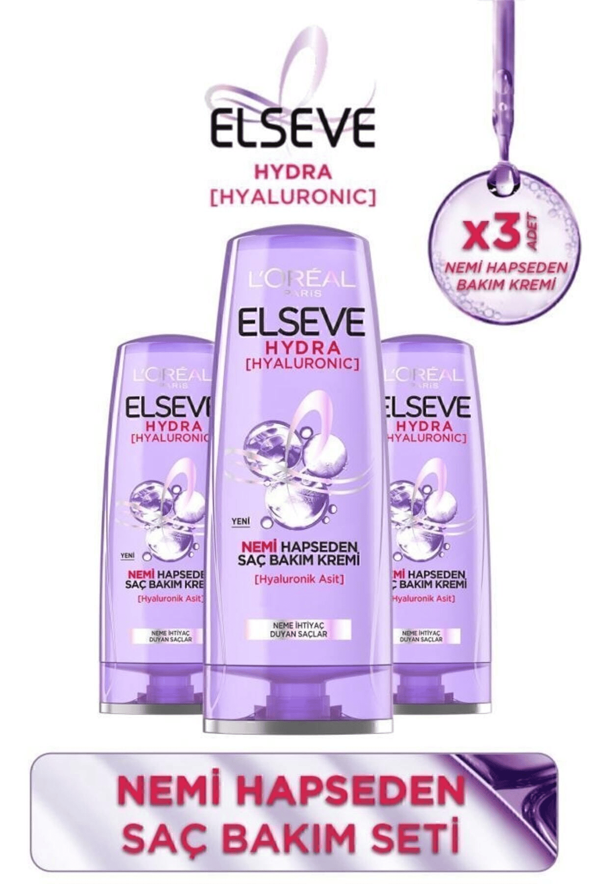 Elseve Hydra [hyaluronic] Nemi Hapseden Saç Bakım Kremi 390 ml x 3 adet