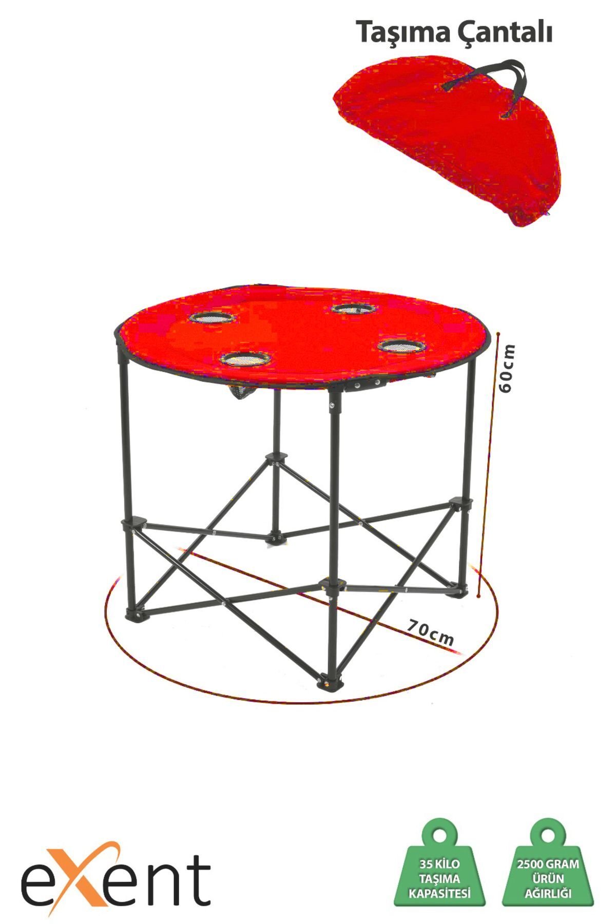 Exent 70 X 60 Cm Yuvarlak Katlanır Taşıma Çantalı Kamp Masası Piknik Masası-kırmızı