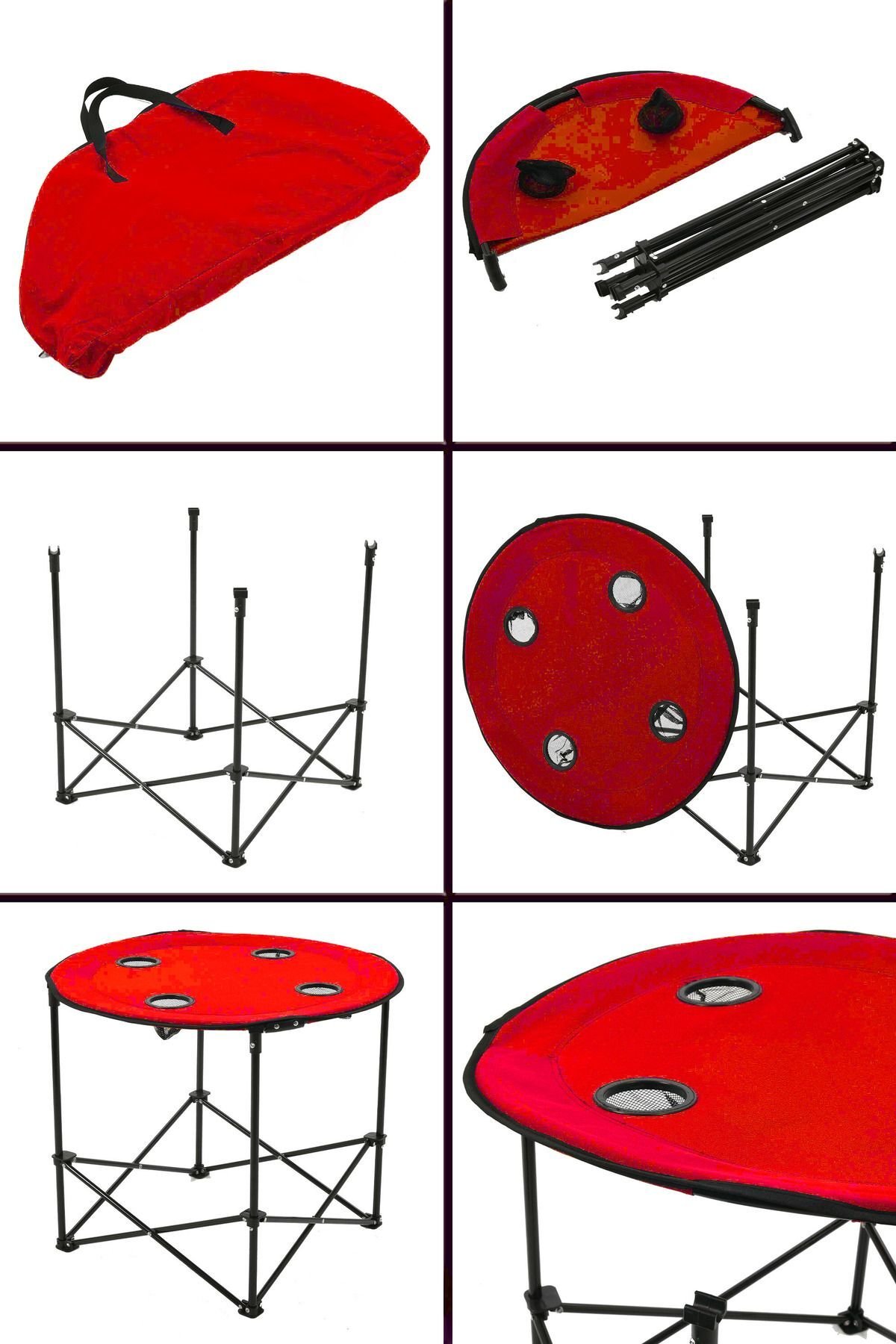 Exent 70 X 60 Cm Yuvarlak Katlanır Taşıma Çantalı Kamp Masası Piknik Masası-kırmızı