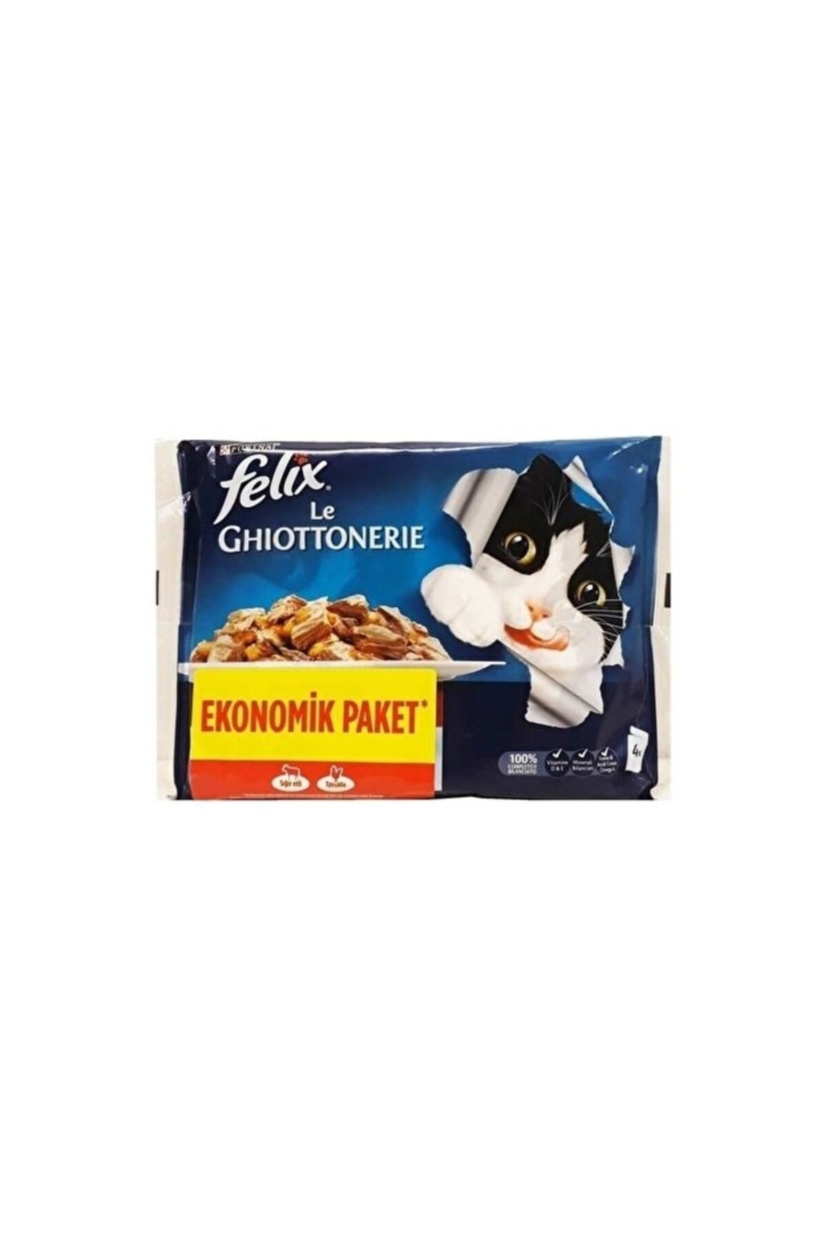 Felix Kedi Maması Sığır Etli & Tavuklu Ekonomik Paket 4X85gr X12 Adet