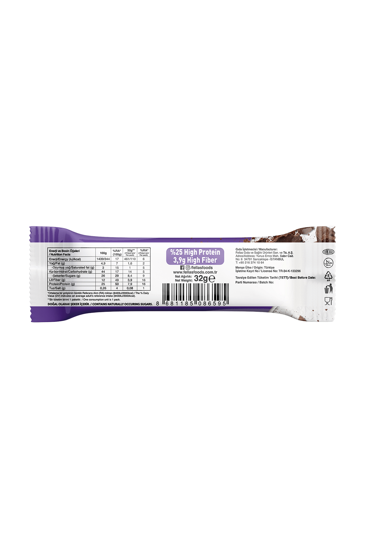 Fellas Protein Bar - Duble Kakaolu 32 gr x 12 Adet
