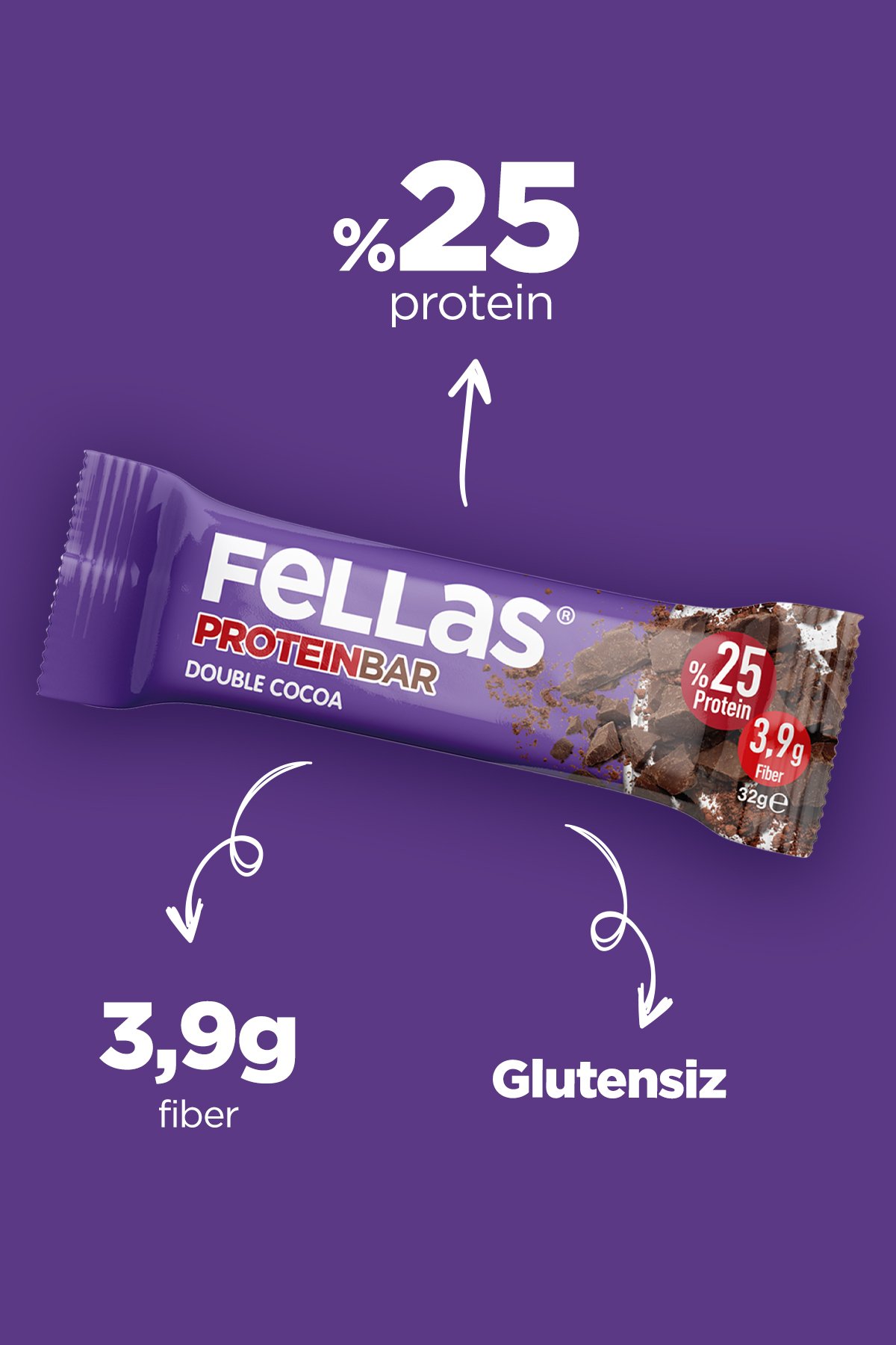 Fellas Protein Bar - Duble Kakaolu 32 gr x 12 Adet