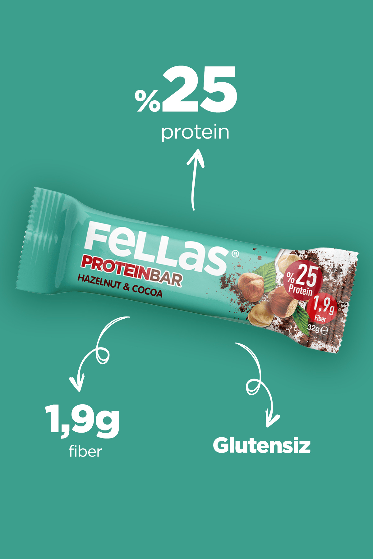 Fellas Protein Bar - Fındıklı ve Kakaolu 32 gr x 12 Adet