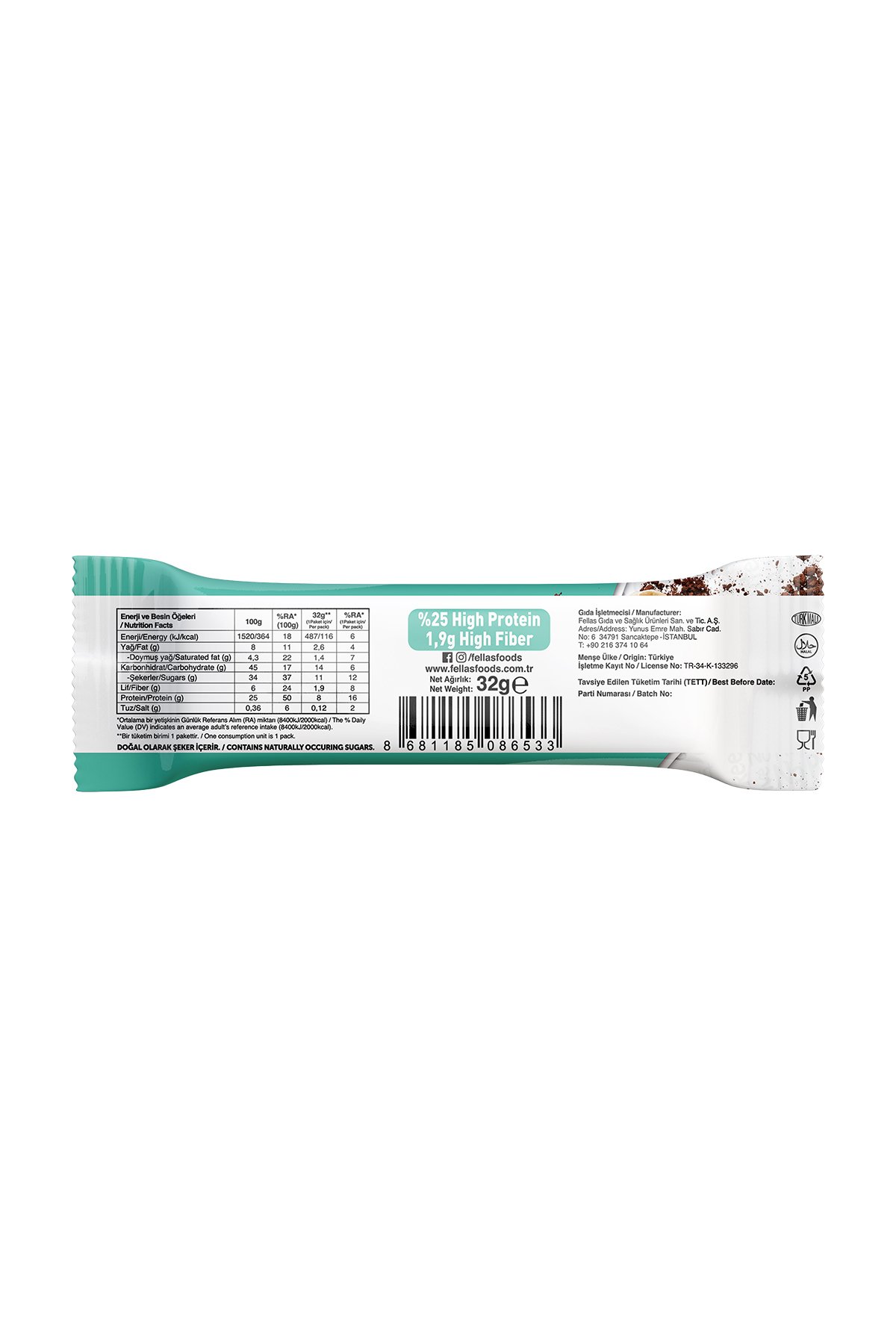 Fellas Protein Bar - Fındıklı ve Kakaolu 32 gr x 12 Adet