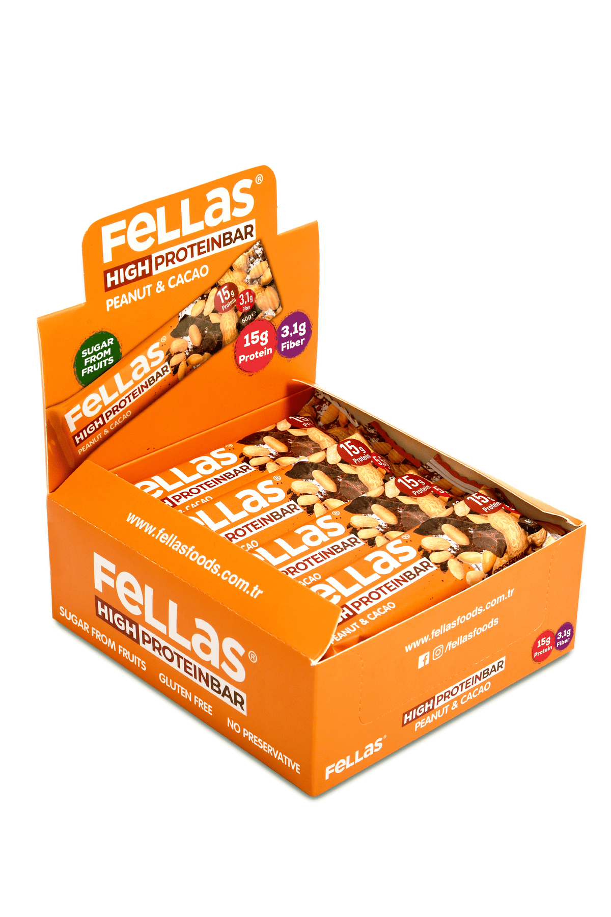 Fellas Yüksek Protein Bar - Yer Fıstıklı ve Kakaolu 45 gr x 12 Adet