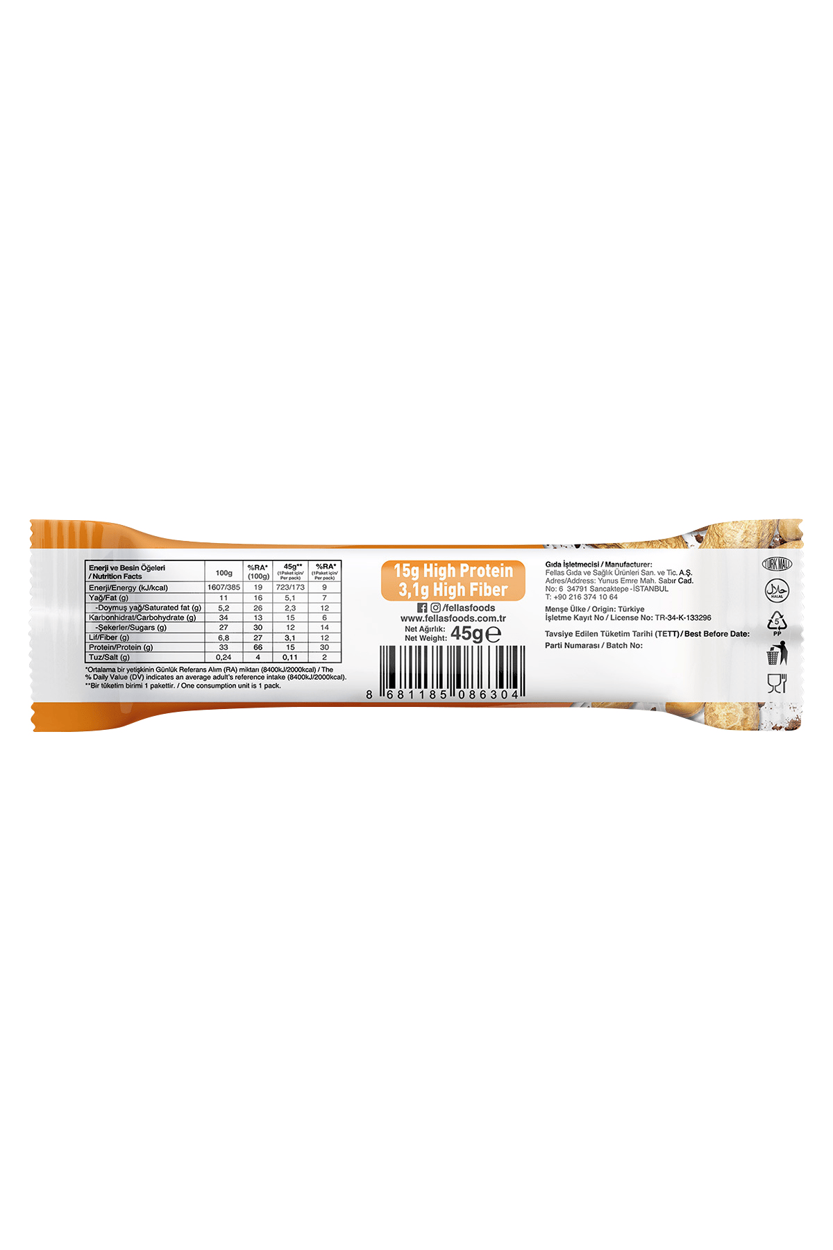 Fellas Yüksek Protein Bar - Yer Fıstıklı ve Kakaolu 45 gr x 12 Adet