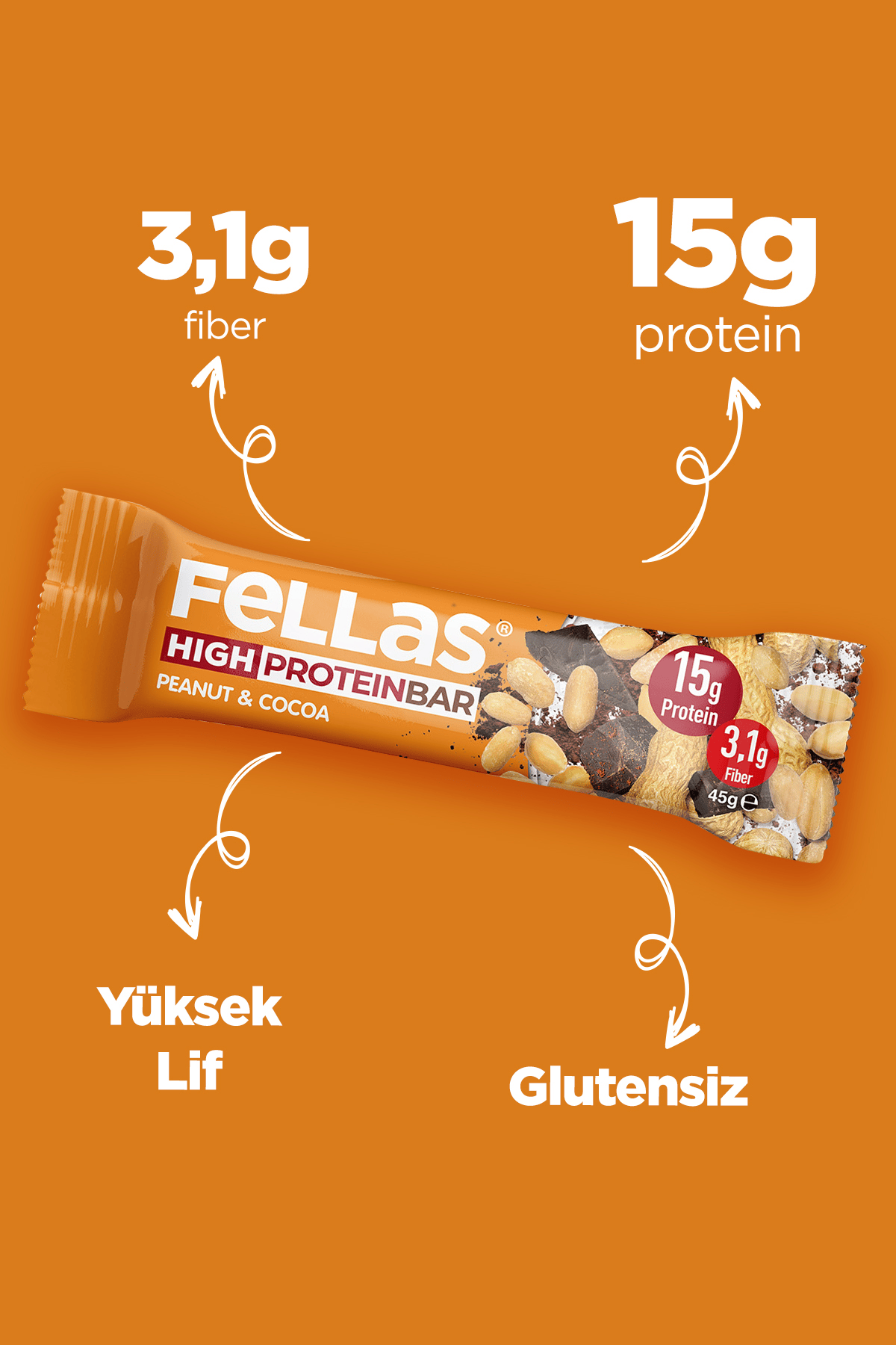 Fellas Yüksek Protein Bar - Yer Fıstıklı ve Kakaolu 45 gr x 12 Adet