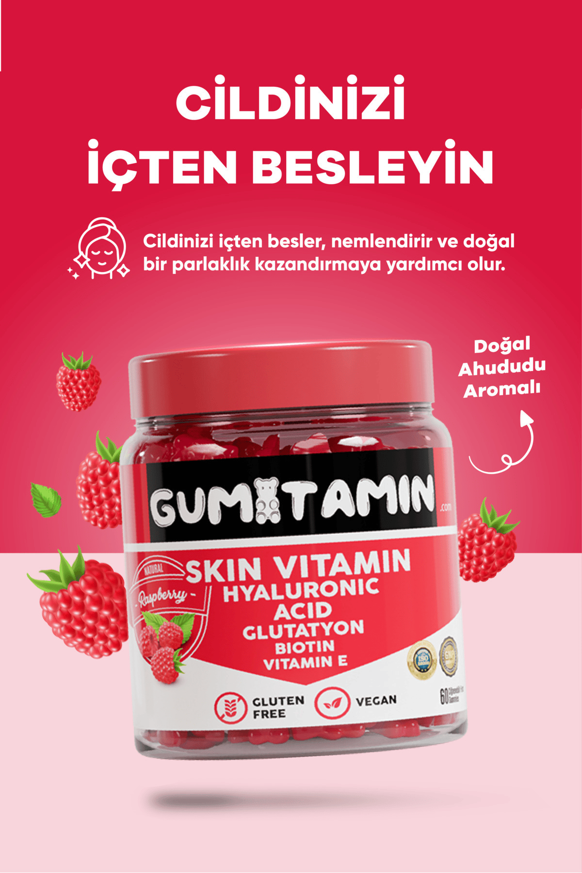 Gumitamin Skin Vitamim Vegan Gummy, Hyaluronik Asit, Glutatyon, Biotin, Vitamin E, Dogal Ahududu Aromal