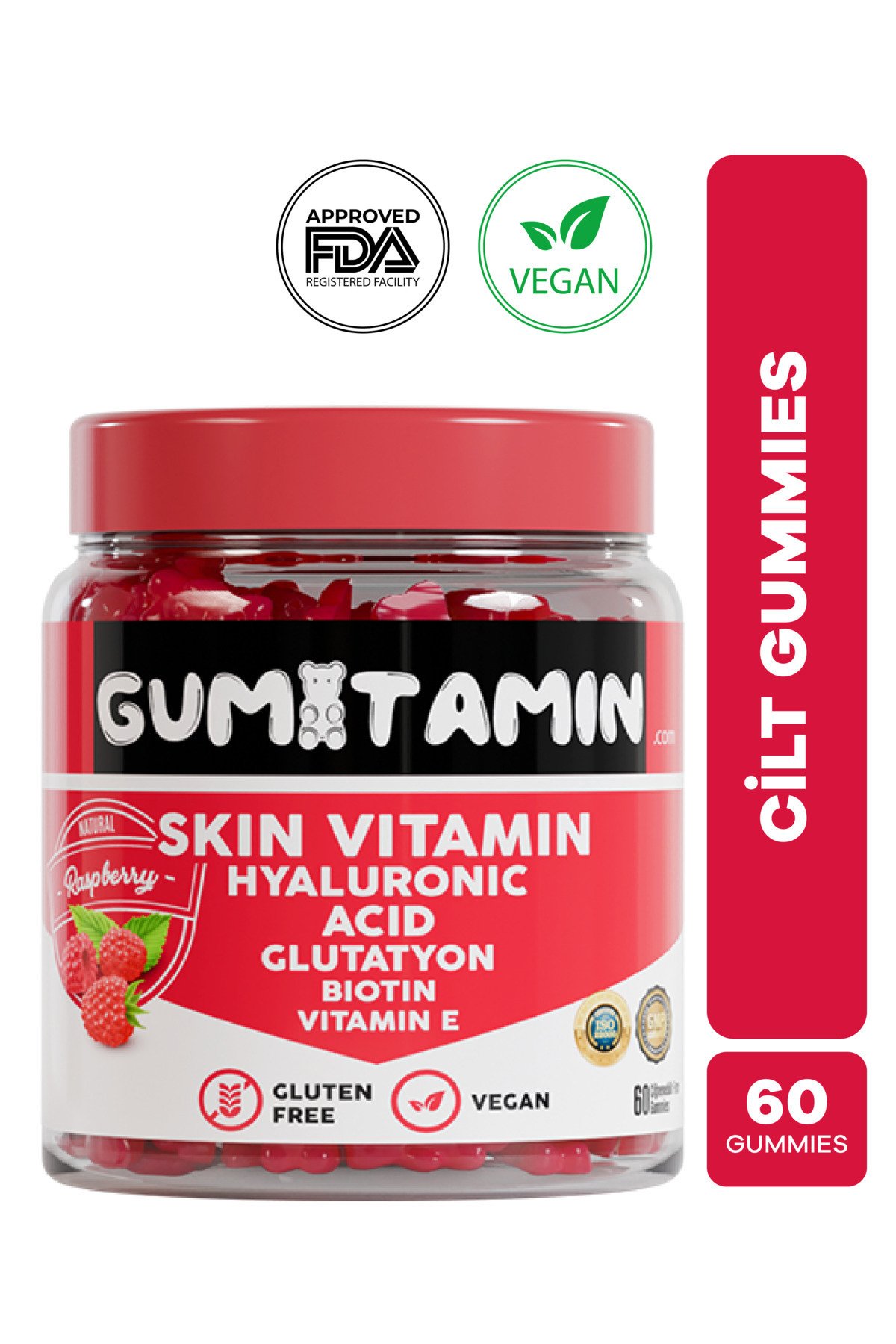 Gumitamin Skin Vitamim Vegan Gummy, Hyaluronik Asit, Glutatyon, Biotin, Vitamin E, Dogal Ahududu Aromal