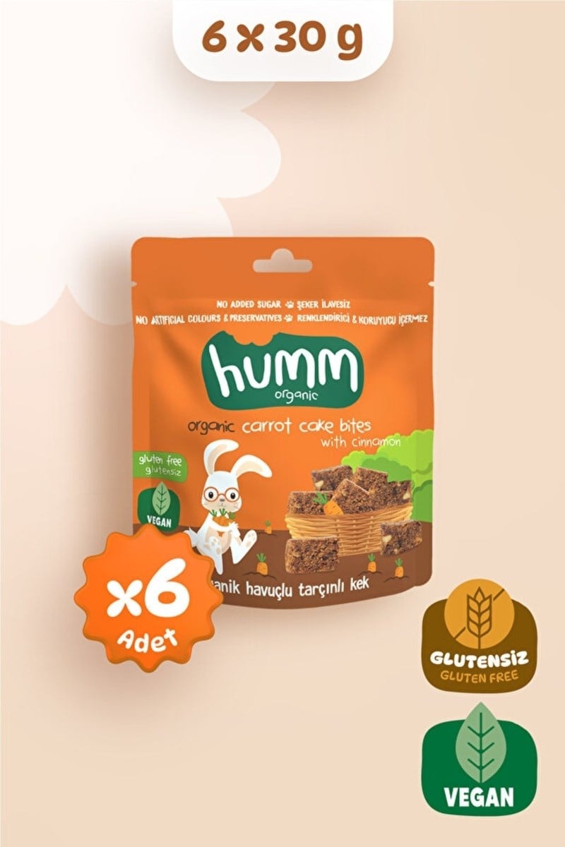 Humm Organic Organik Glutensiz Vegan Havuçlu ve Tarçınlı Kek Atıştırmalık Paketi - 6 adet