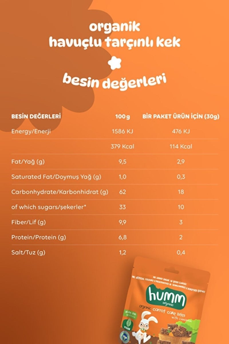 Humm Organic Organik Glutensiz Vegan Havuçlu ve Tarçınlı Kek Atıştırmalık Paketi - 6 adet