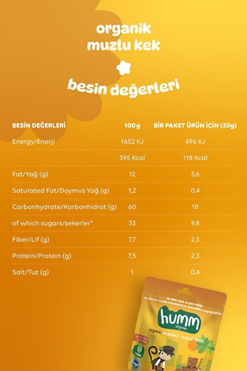 Humm Organic Organik Glutensiz Vegan Muzlu Kek Atıştırmalık Paketi - 6 Adet